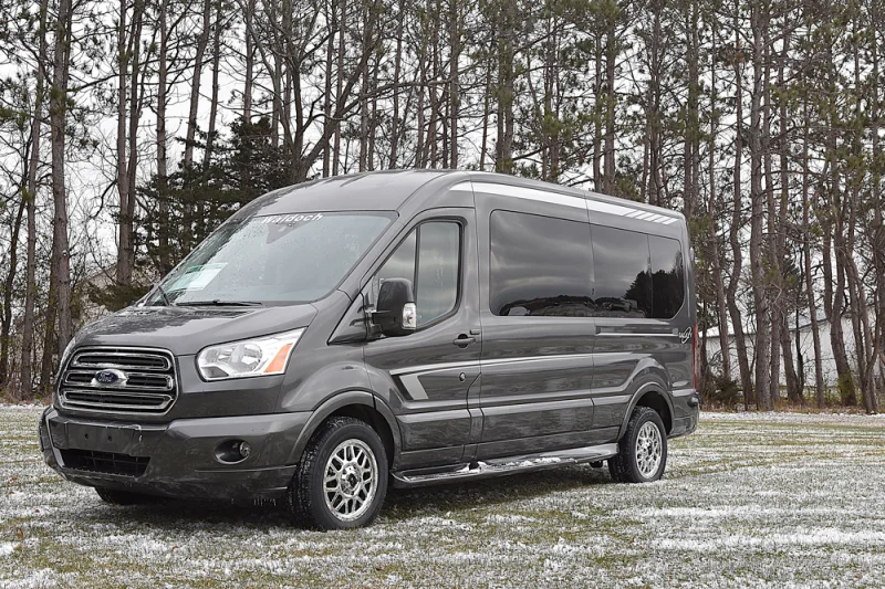 148 Medium Roof Ford Transit Galaxy Conversion Van 9 Passenger Black/Grey Interior with Graphite Seats by Waldoch Crafts