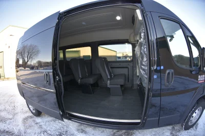 10 PASSENGER SHUTTLE BLACK EXTERIOR WITH CLOTH BLACK SEATING BY WALDOCH FLEET PASSENGER VAN SCHOOL HOTEL - 2019 RAM PROMASTER SHUTTLE - Image 3 of 46