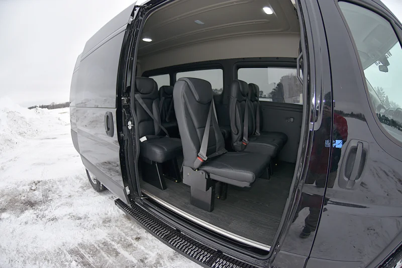 Luxury 15 Passenger Shuttle Van Leather Seating with storage on Ram Promaster 159 High Roof By Waldoch by Waldoch Crafts