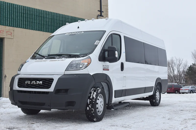12 Passenger Shuttle Van Hotel Passenger Van Grey Cloth Seating with Wood Floors RAM Promaster 2500 High Roof by Waldoch Crafts